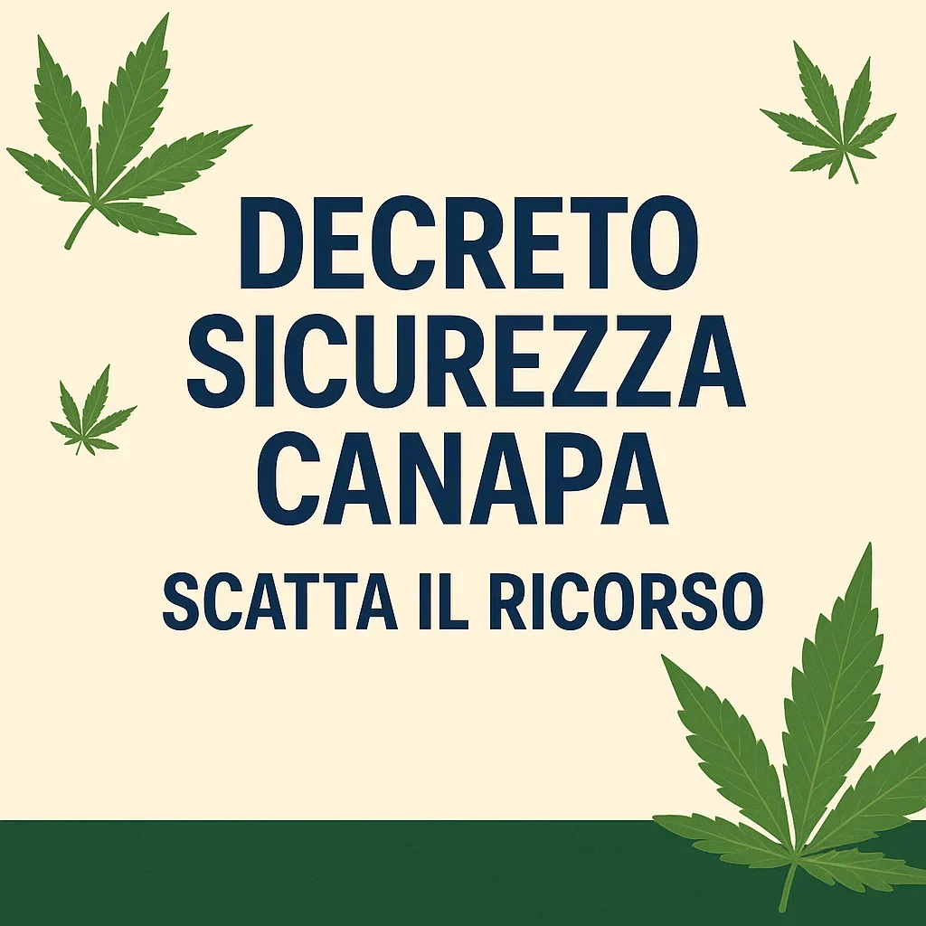 Immagine con foglie di canapa e testo "Decreto Sicurezza Canapa - Scatta il Ricorso", a rappresentare il ricorso legale contro il decreto.