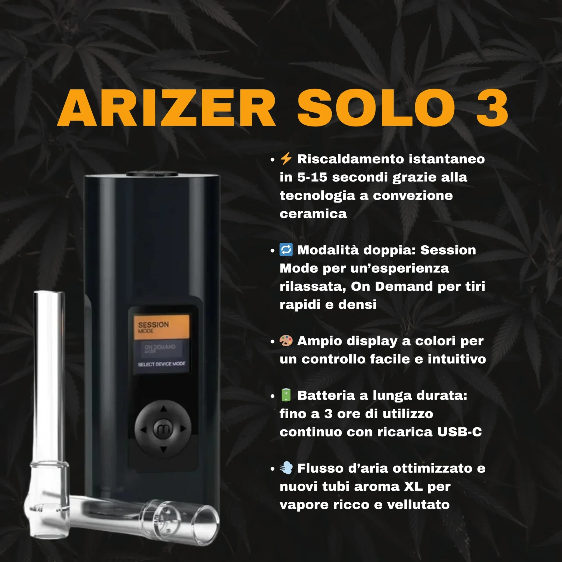 Vaporizzatore Arizer Solo 3 con display a colori acceso su sfondo neutro