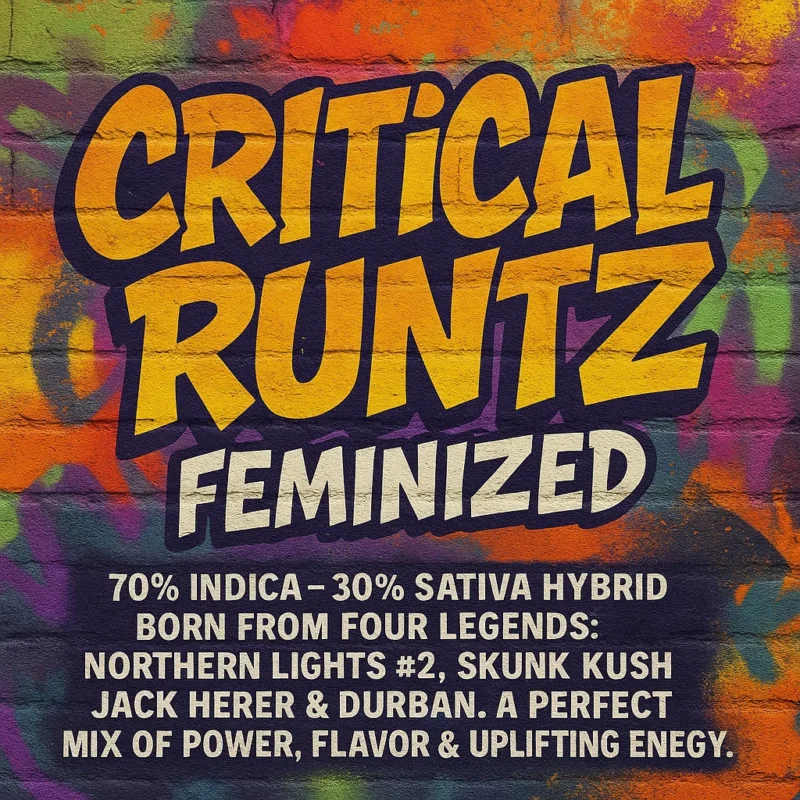 CRITICAL RUNTZ FEMINIZED
70% Indica – 30% Sativa hybrid born from four legends: Northern Lights #2, Skunk Kush, Jack Herer & Durban. A perfect mix of power, flavor & uplifting energy.