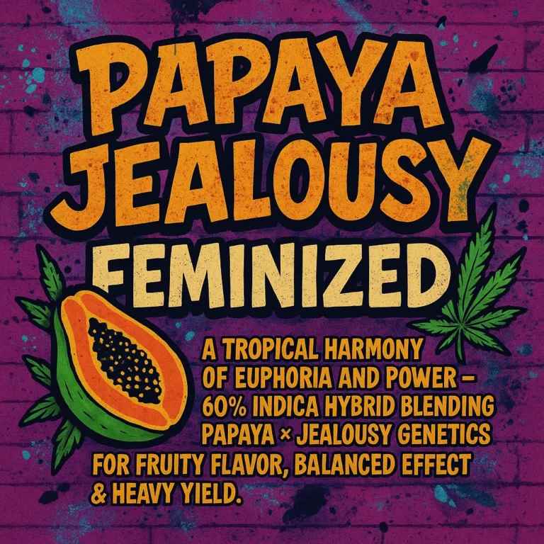 PAPAYA JEALOUSY FEMINIZED
A tropical harmony of euphoria and power – 60% Indica hybrid blending Papaya × Jealousy genetics for fruity flavor, balanced effect & heavy yield.