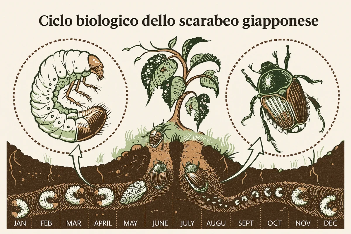 Ciclo biologico dello scarabeo giapponese dalle uova all’adulto