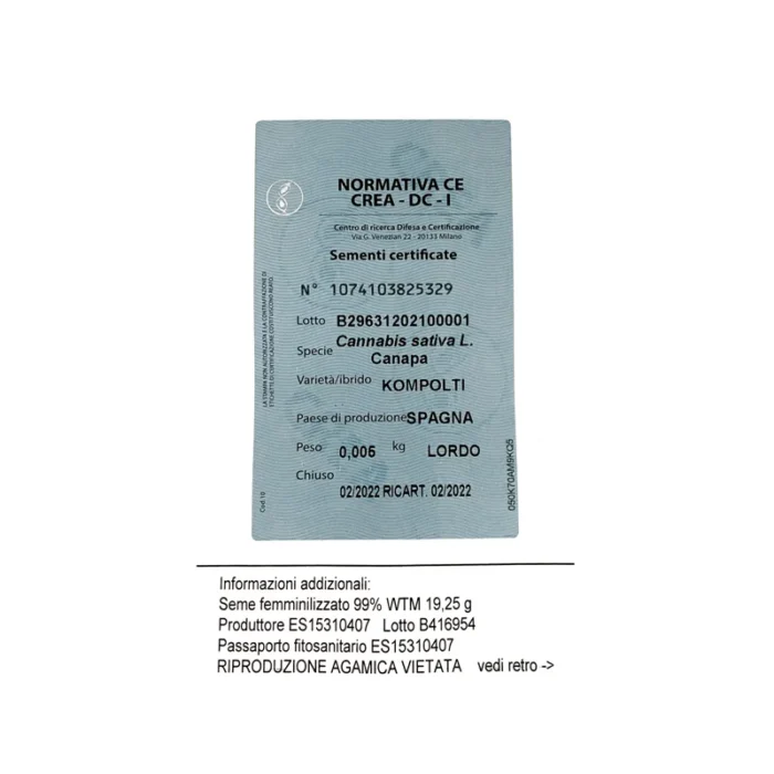 SEMI DI CANAPA VARIETA' KOMPOLTI SELEZIONE FEMMINIZZATA CE | 5 gr. - 250 semi circa - immagine 1
