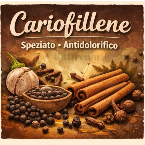 Aromatic map of cannabis with terpene caryophyllene, aromas of black pepper, cloves and cinnamon, anti-inflammatory effects, cannabis terpenes.