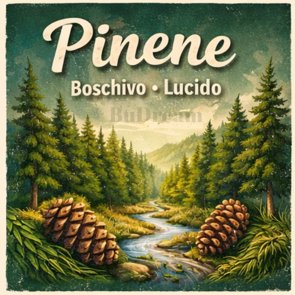 Aromatic map of cannabis with terpene pinene, aromas of pine, rosemary and basil, clear and fresh mind sensation, cannabis terpenes.