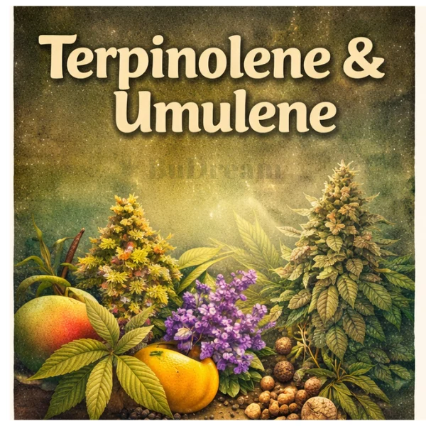 Aromatic map of cannabis with terpenes Terpinolene and Humulene, aromas of apple, lilac, and wood, complex profile, cannabis terpenes.
