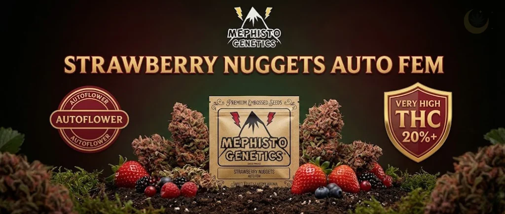 Strawberry Nuggets Auto Fem: Un'immersione in un mondo di fragole e foresta. Con toni rosso intenso e verde bosco, presenta cime resinose, fragole fresche e frutti di bosco su un letto di terreno. Include i badge "Autoflower" e "Very High THC 20%+".