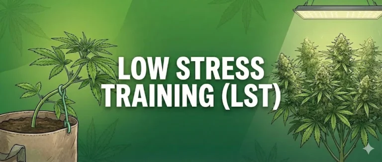 Banner illustrativo Low Stress Training LST tecnica di piegatura per massimizzare la resa