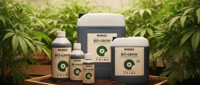 biobizz Un'immagine pulita e luminosa che mette in risalto la crescita rigogliosa delle piante (foglie verde brillante) con le bottiglie di Bio Grow integrate in un ambiente di coltivazione naturale. Ideale per un blog che punta sulla qualità e la pulizia del biologico.