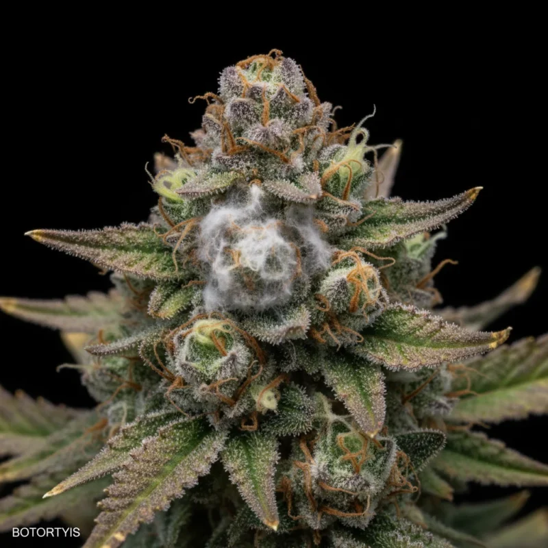 Cannabisblüte mit Anzeichen von grauem Schimmel Botrytis, häufiger Fehler bei hoher Luftfeuchtigkeit