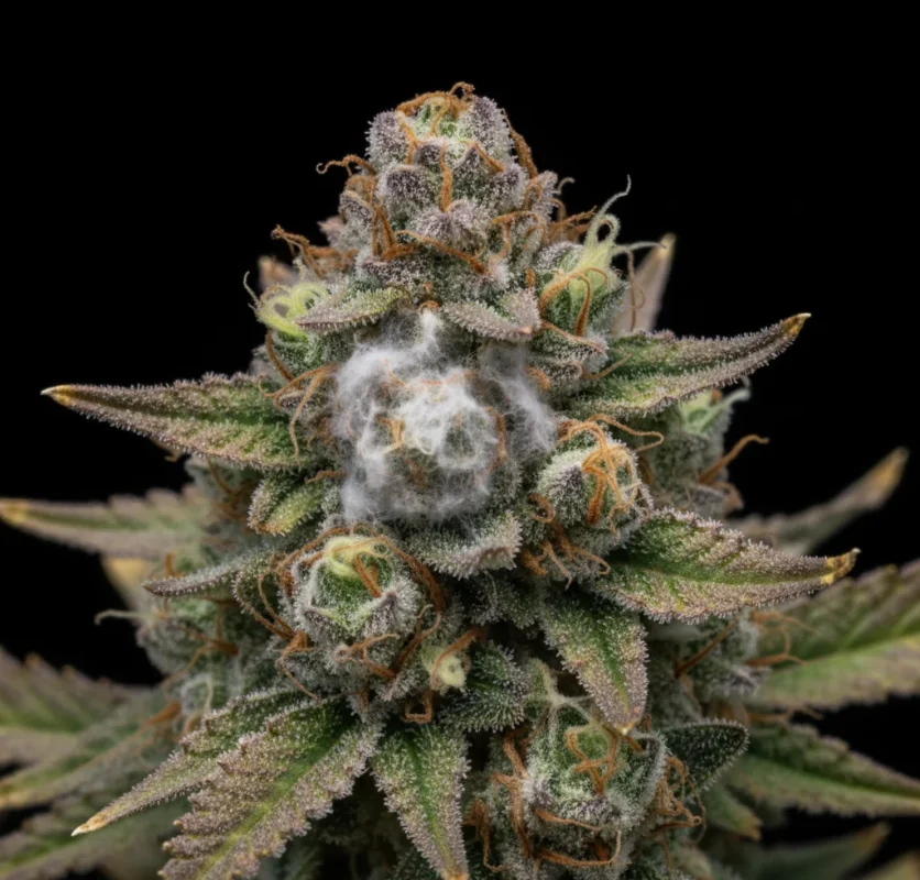 Cannabis bud showing signs of grey mould botrytis, common mistake in flowering with high humidity