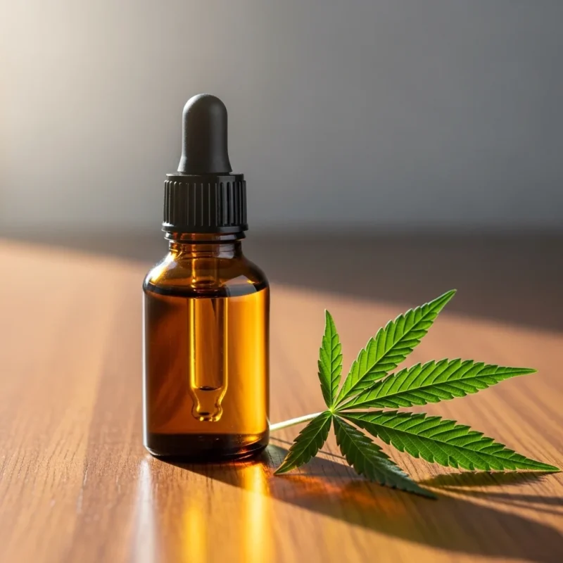 Flacone di olio CBD su sfondo naturale con foglia di cannabis, luce naturale calda