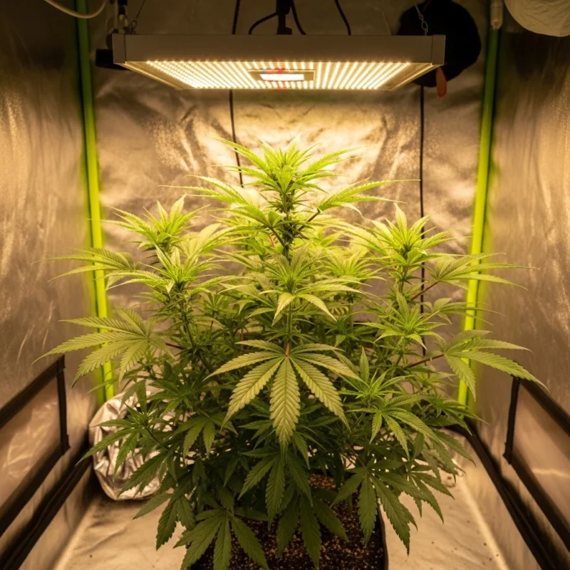 Cannabis plant in full vegetative growth stage under LED light in a grow tent