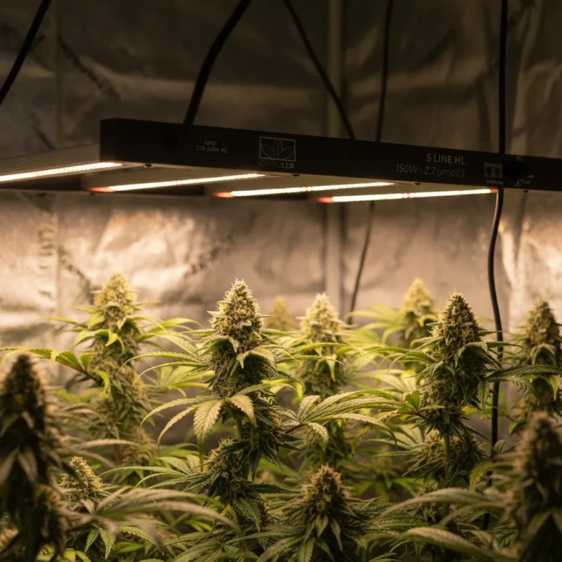 Grow room indoor professionale con sistema di lampade LED a barre su piante di cannabis