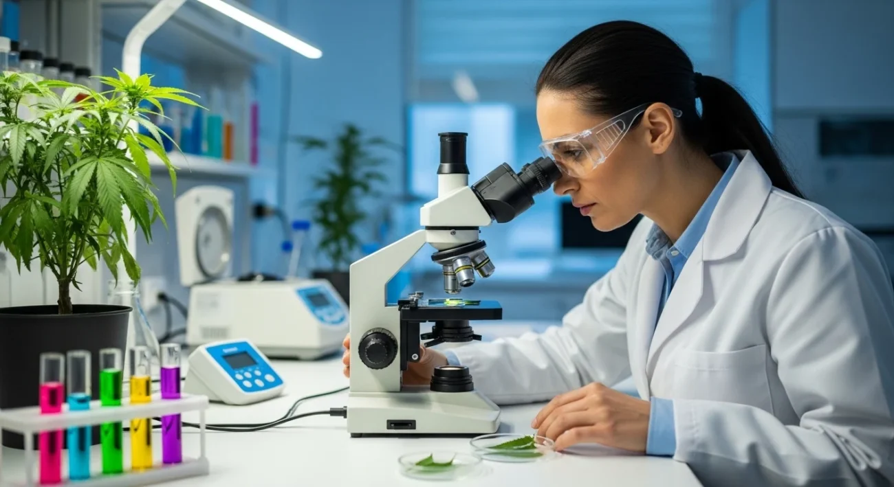 Scienziato in camice bianco che analizza un campione di cannabis in laboratorio con attrezzatura scientifica sullo sfondo