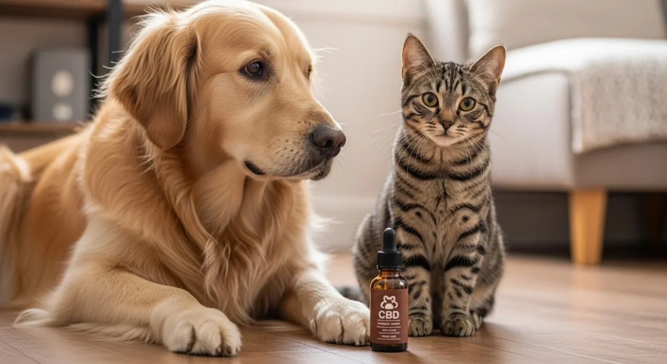 Cane e gatto affiancati con flacone di olio CBD per animali in primo piano, sfondo domestico caldo