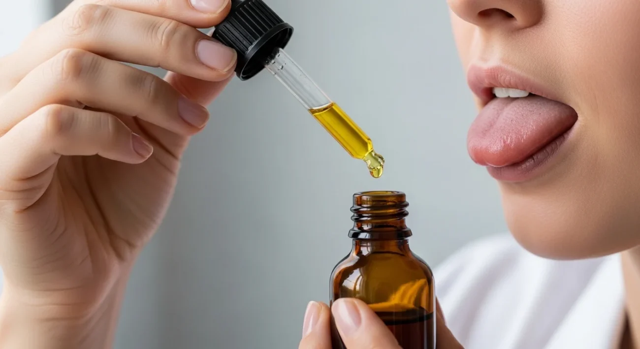 Persona che utilizza olio CBD sublinguale con contagocce, sfondo neutro pulito