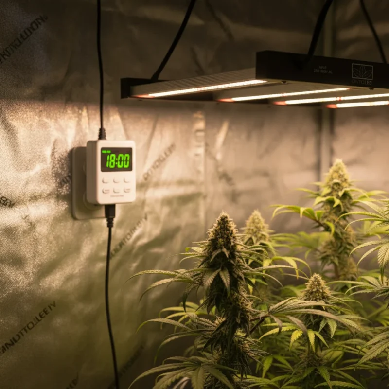 Timer digitale con display acceso che mostra 18 ore di luce, piante di cannabis in vegetativa sullo sfondo