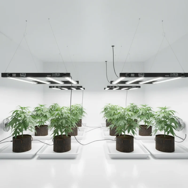 Indoor grow room with LED lights on over cannabis plants in vegetative stage, top-down view