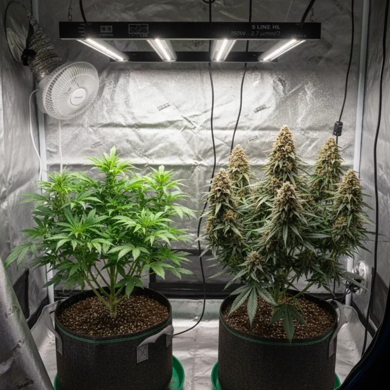 Two cannabis plants side by side: left in vegetative stage with green leaves, right in flowering with dense buds