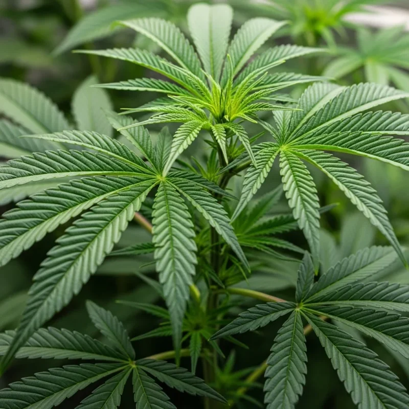 Cannabis plant in vegetative stage with large fan leaves and well-developed lateral branches