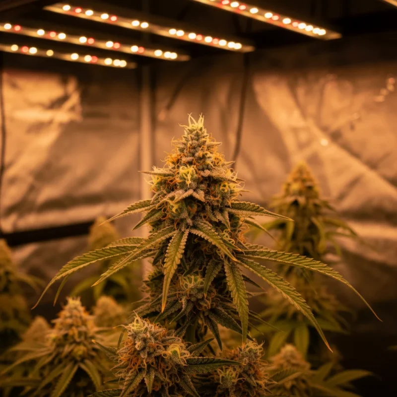 Cannabis plant in advanced flowering with dense buds and visible white and orange pistils