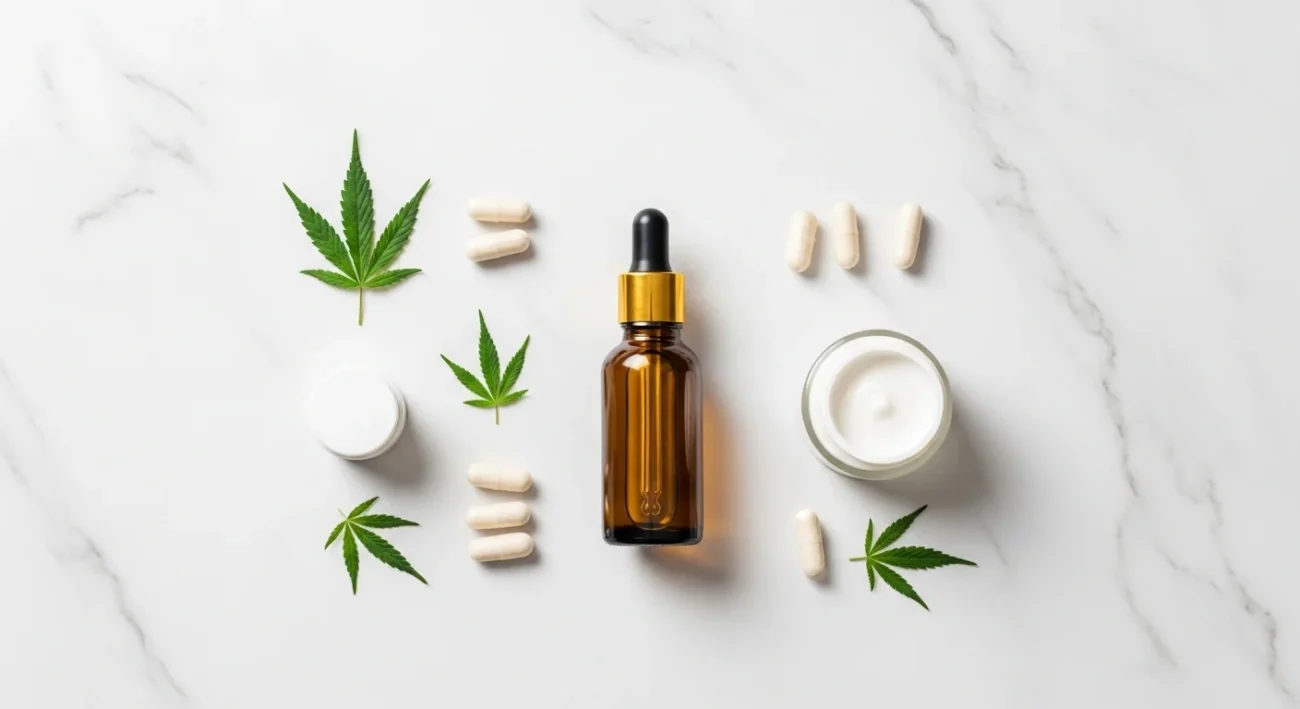 Diverse forme di prodotti CBD affiancate: flacone olio, capsule, crema topica su sfondo bianco