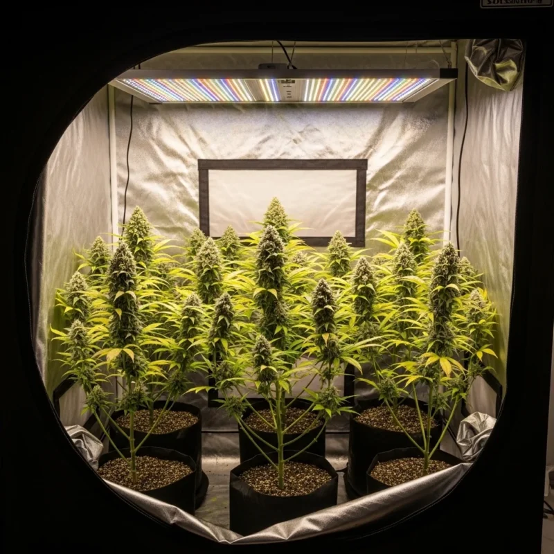 Grow tent indoor con barra LED posizionata alla giusta distanza dalla chioma di cannabis in fioritura, vista laterale