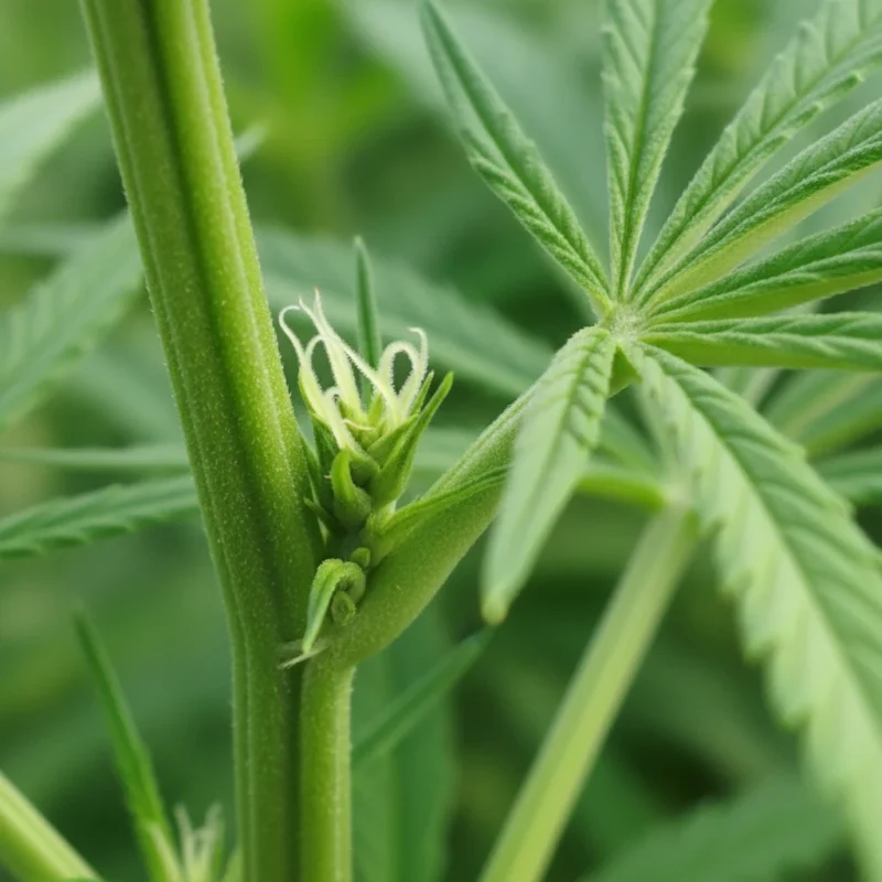 Macro photography of cannabis pre-flower with first white pistils emerging at a node