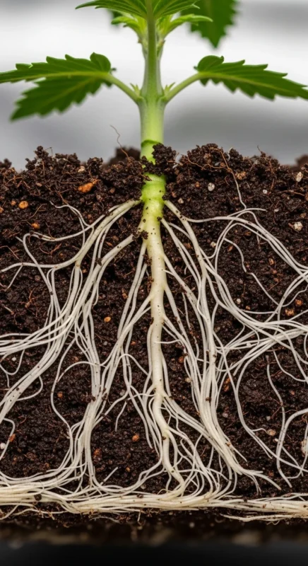 Radici bianche di una talea di cannabis che fuoriescono dal substrato