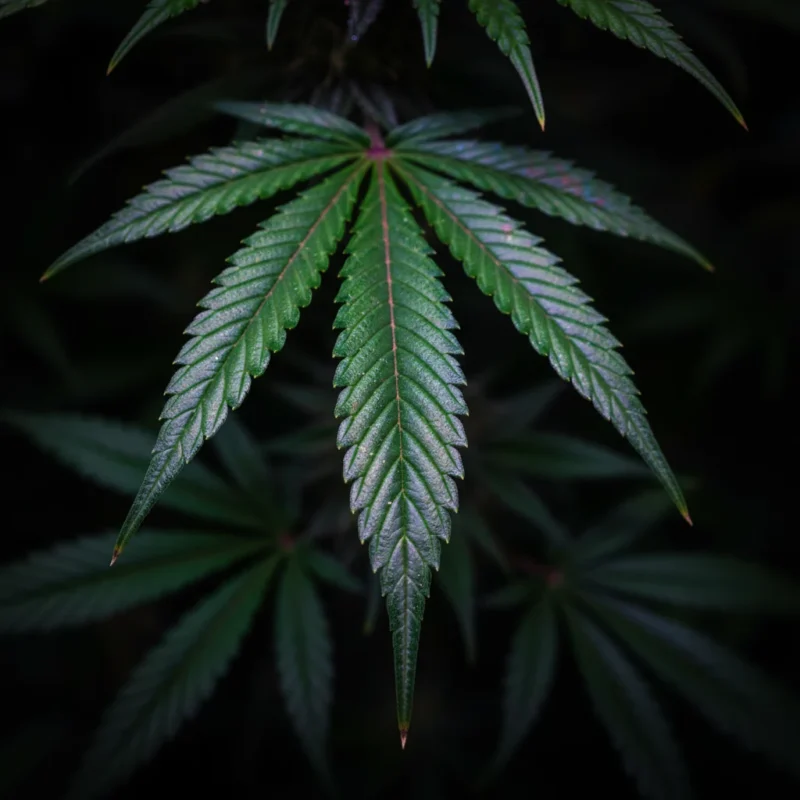 Macro fotografia di foglia di cannabis sotto lampada LED a spettro completo con lunghezze d'onda blu e rosse visibili