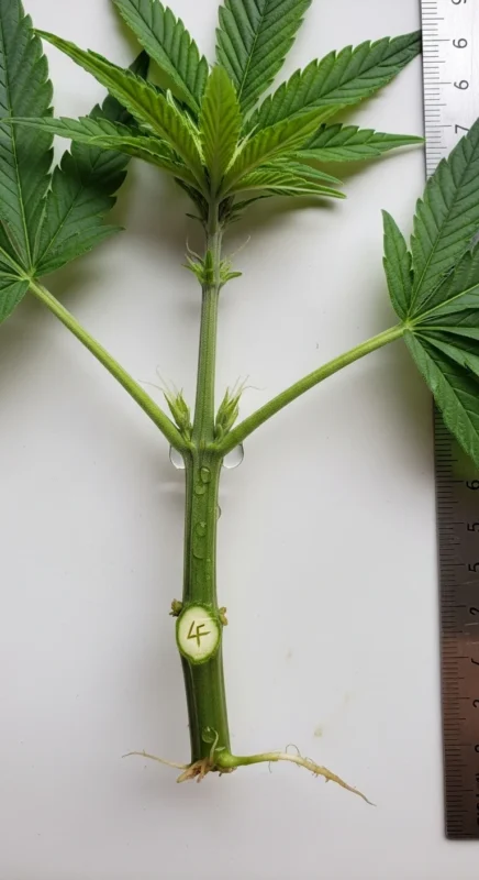 Talea di cannabis appena prelevata dalla pianta madre con taglio a 45 gradi