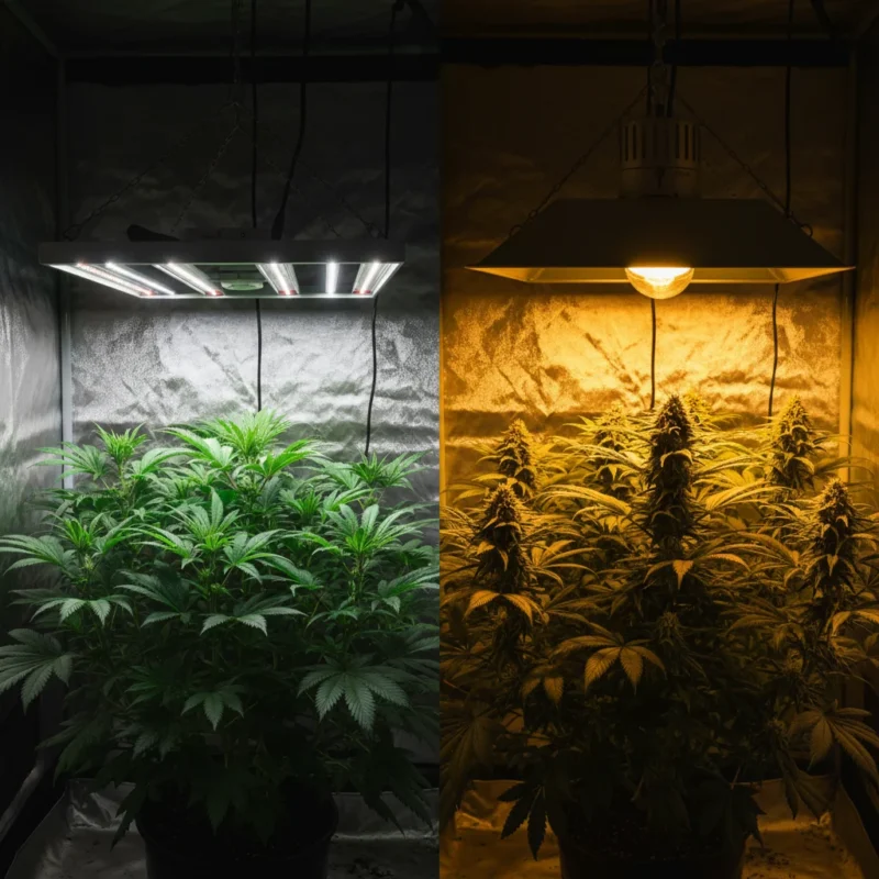 Confronto tra lampada LED quantum board moderna e lampada HPS tradizionale per coltivazione cannabis indoor