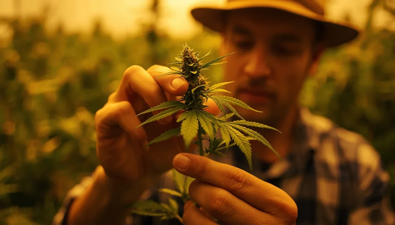 Coltivatore esamina da vicino una pianta di cannabis in fioritura