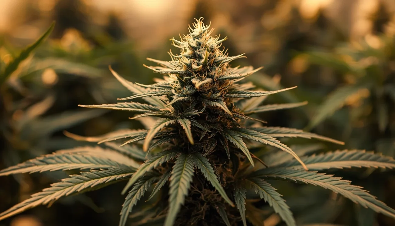 Pianta di cannabis tetraploide in piena fioritura con cime dense di tricomi