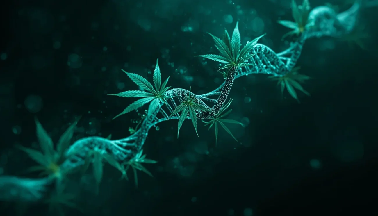 Illustrazione artistica di una doppia elica del DNA intrecciata con foglie di cannabis, rappresentazione della genetica vegetale