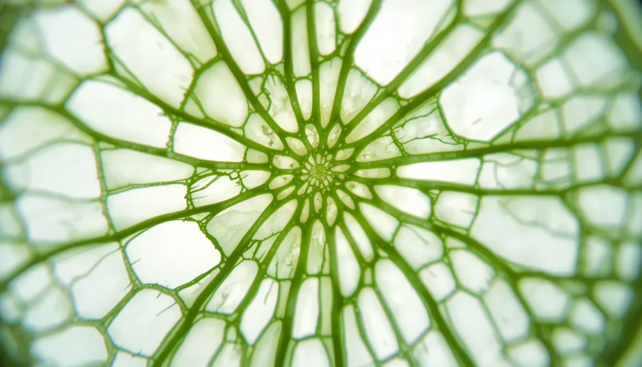 Sezione trasversale di un fusto vegetale al microscopio, struttura cellulare verde