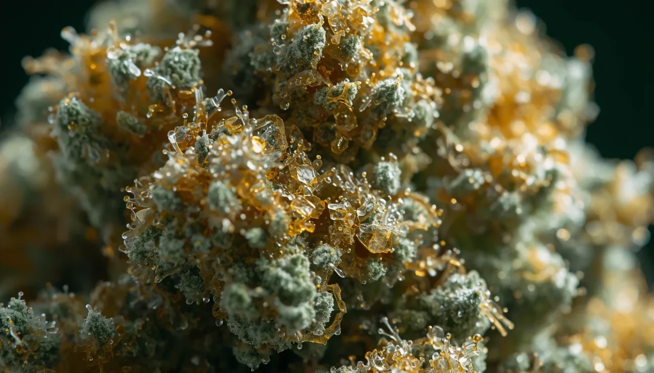 Macro fotografia di tricomi di cannabis densi e cristallini, ricchi di resina dorata