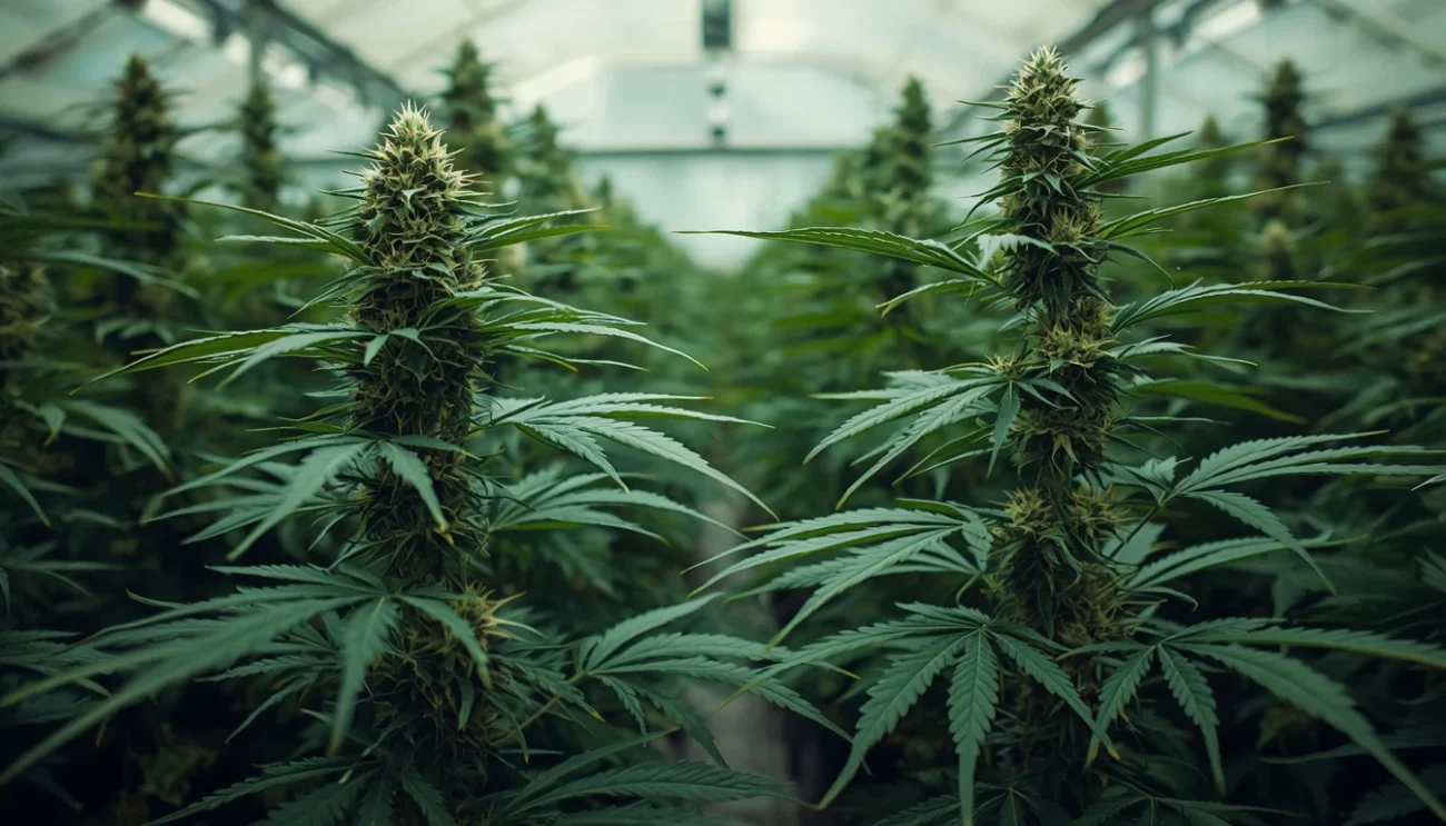 Due piante di cannabis a confronto in una serra, una più robusta e grande dell'altra