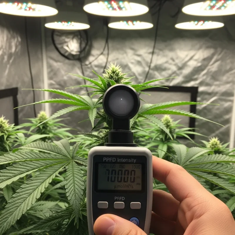 Mano che punta un misuratore PPFD verso una pianta di cannabis sotto lampada LED per misurare l'intensità luminosa