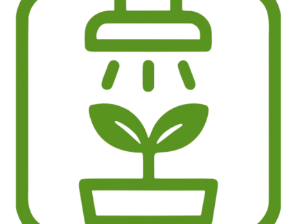 Green icon of a potted plant being watered by a sprinkler.