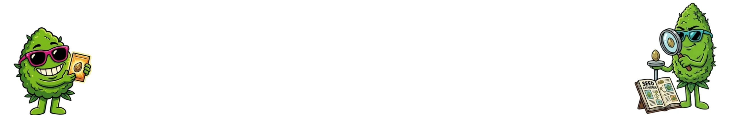 Two cartoon green seed characters: the left one wears pink sunglasses and holds a seed packet; the right one uses a magnifying glass beside a seed catalog opened to a page.