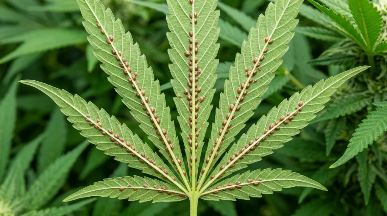 Vue macro du dessus d'une feuille de cannabis infestée de cochenilles le long des nervures