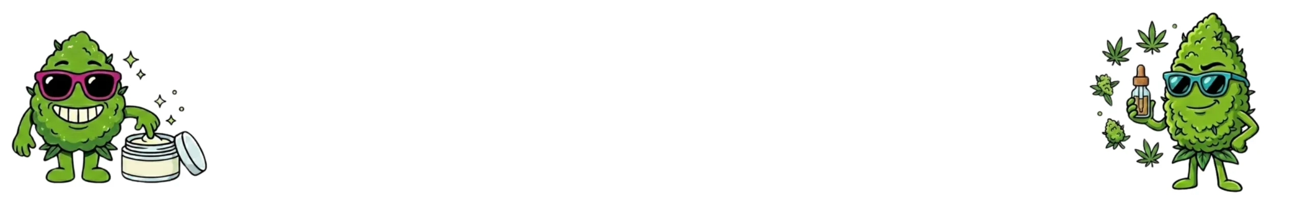 Two cheerful green cartoon cannabis buds with sunglasses: one on the left opening a jar, the other on the right holding a dropper bottle with leaves around it.