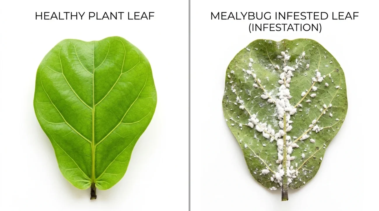 Comparaison côte à côte d'une feuille saine et d'une feuille infestée de cochenilles farineuses