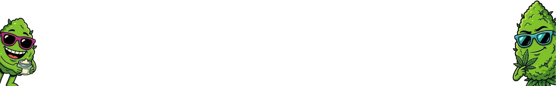 Two green cartoon cannabis buds wearing sunglasses on a white background, one holding a cup and the other a cannabis leaf on opposite sides.