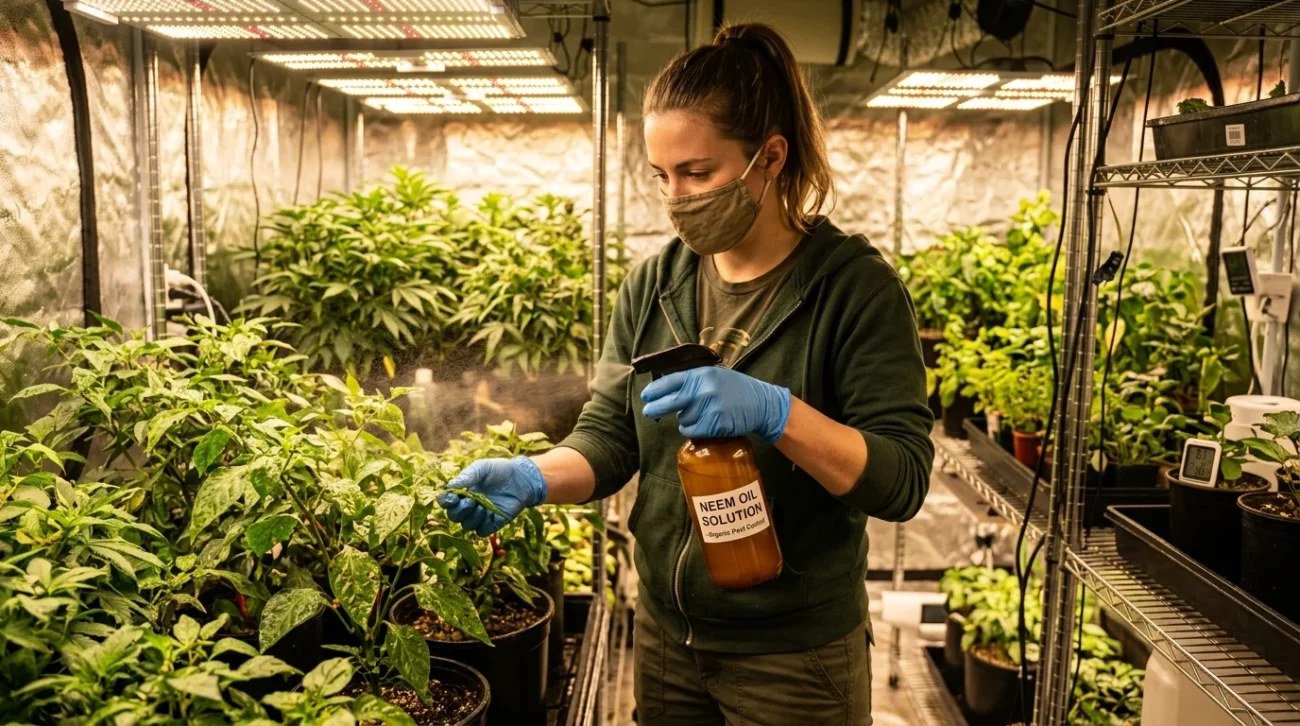Cultivateur pulvérisant de l'huile de neem sur des plantes infestées dans une growroom