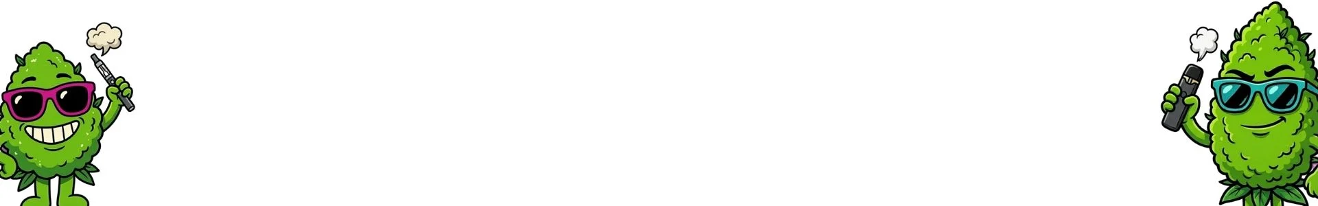 Two green cartoon cannabis mascots with sunglasses, one on the left holding a lit joint and thumbing smoke, the other on the right holding a vape device.