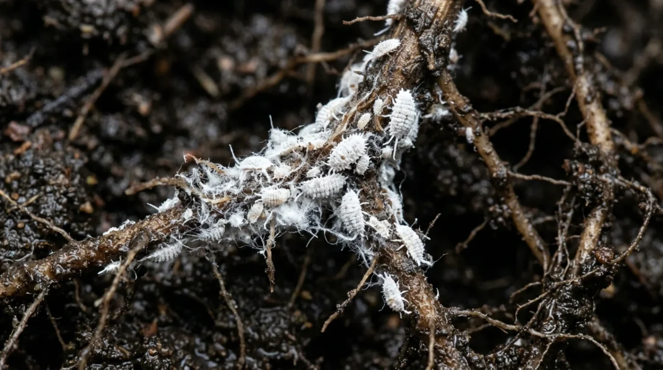 Cochenilles radiciculaires sur les racines d'une plante, poudre cireuse blanche visible sur le substrat