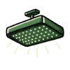 Green rectangular hanging light fixture with a perforated bottom panel, casting light downward.