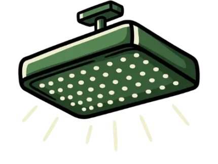 Green rectangular hanging light fixture with a perforated bottom panel, casting light downward.